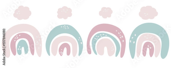 Fototapeta Nursery boho minimalist rainbow cloud. Cute baby card. Sleeping abstract arch with clouds and rain. Vector cartoon illustration isolated on white background.