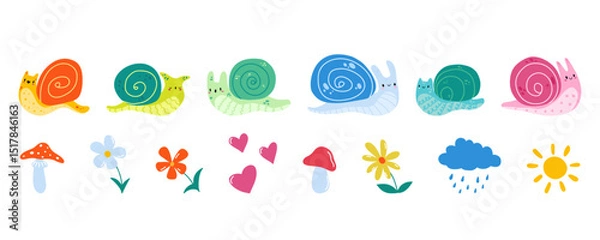 Fototapeta Cartoon cute snail, mushroom, flower, sun, cloud collection. Nursery Doodle snail character. Children's illustration of small snail. Stock vector illustration isolated on white background.