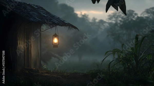 Fototapeta Rustic Hut With Lantern At Dawn In Foggy Forest