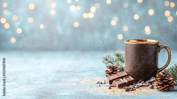 Obraz Warm Festive Mood with Gold Lights Chocolate and Mug
