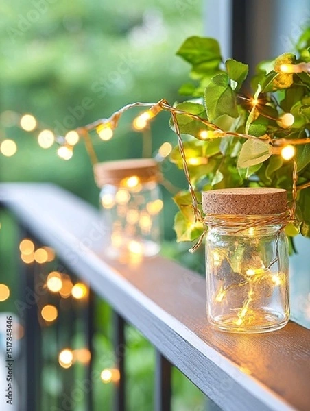 Obraz Warm White Fairy Lights in Glass Jars Decorated on Balcony Railing