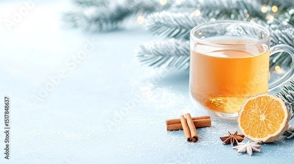 Obraz Warm Winter Tea with Cinnamon and Orange on Blue Background