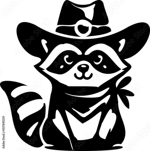 Fototapeta SVG raccoon in a hat black and white vector file for printing, cutting
