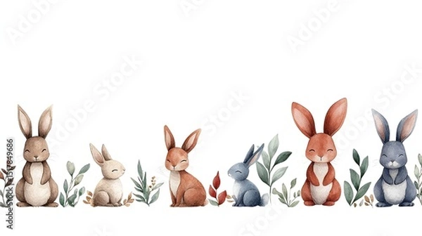 Obraz Watercolor Bunnies and Botanicals Boho Illustration