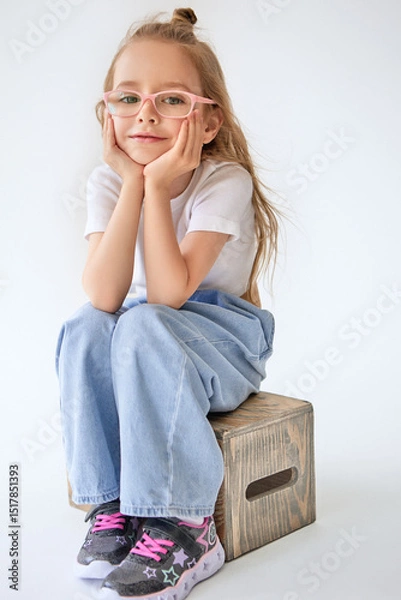 Fototapeta A cute young girl with long blonde hair and pink glasses sits on a wooden box and looks at the camera with a smile, resting her chin on her hands. She is wearing black boots with bright pink laces.