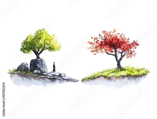 Obraz Watercolor Painting of Two Trees and a Person