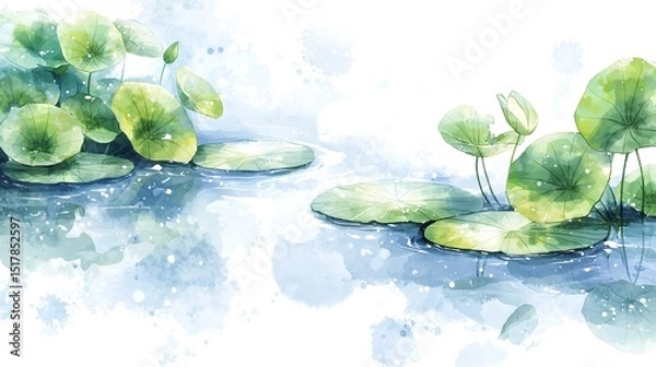 Obraz Watercolor Painting of Water Lilies Reflecting in Calm Water