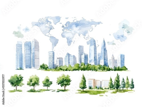Obraz Watercolor World Map with Cityscape and Trees