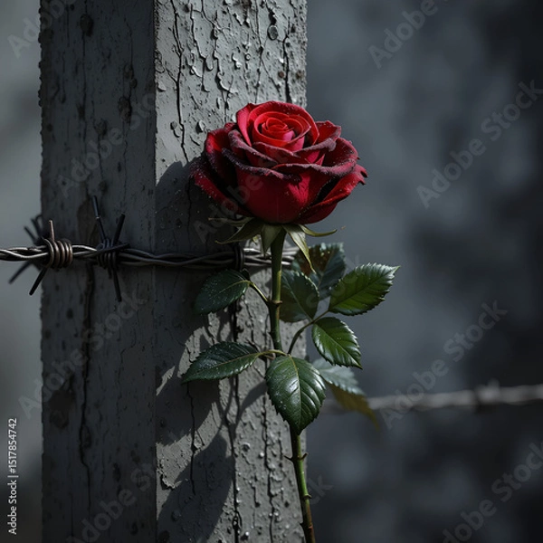 Obraz Red Rose Entwined in Barbed Wire on Weathered Concrete Post