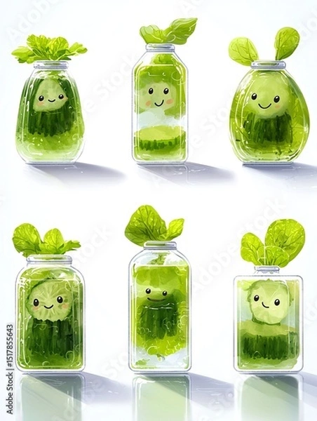 Obraz Whimsical Cucumber Illustrations in Glass Bottles