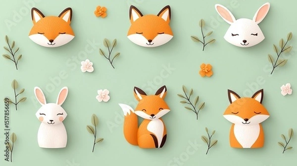 Obraz Whimsical Fox and Rabbit Motifs on Pastel Green Background