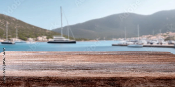 Obraz A coastal wooden table foreground with a blurred view of mountains and boats in the background, creating a serene and inviting atmosphere
