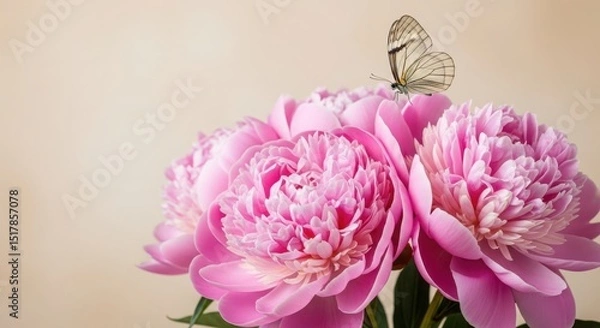 Fototapeta Beautiful pink peonies with delicate petals and lush green leaves, adorned by a graceful butterfly, creating a serene and vibrant floral arrangement in soft natural light