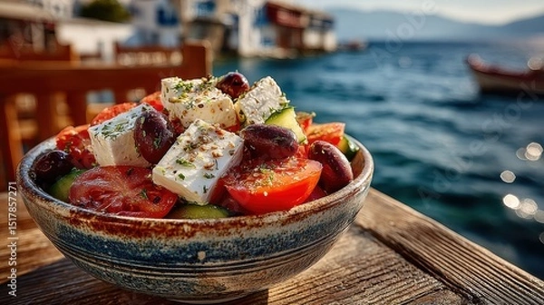Fototapeta Fresh Greek Salad with Feta Cheese, Tomatoes, Olives, and Cucumber Served Outdoors Overlooking the Aegean Sea in Mykonos, Greece