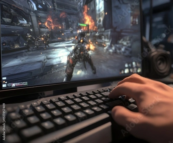 Fototapeta Gamer hand on keyboard playing action-packed game with dramatic visuals.