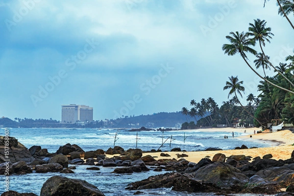 Fototapeta  peaceful morning on a tropical Sri Lankan beach, with soft pink hues, palm trees and waves gently lapping at the shore