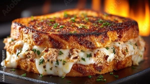 Fototapeta Delicious Tuna Melt Sandwich with Melted Cheese and Parsley Garnish on Grilled Bread, Served on Dark Plate with Fire Background