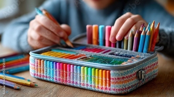 Fototapeta Child Drawing with Colorful Pencils: Close-Up of Art Supplies, Creative Expression, and Childhood Education on Wooden Desk