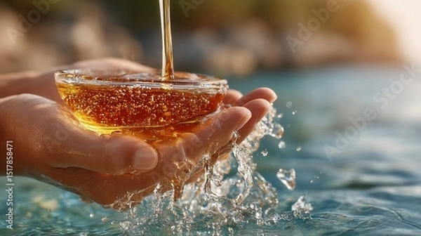 Fototapeta Hands Holding a Glass Bowl Filled with Golden Liquid and Splashing Water, Close-Up Shot with Bubbles and Blurred Background