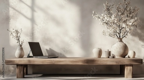 Fototapeta Zen-inspired minimalist workspace with a laptop and natural pottery on a wooden platform.