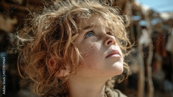 Fototapeta Young Boy with Curly Hair Looking Upward with Hope and Wonder in a Rural Setting, Close-up Portrait