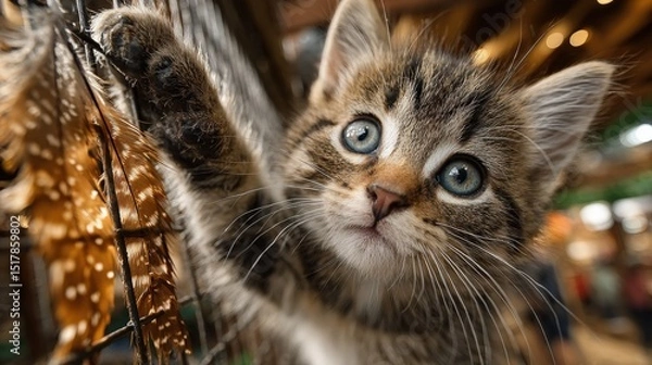 Fototapeta Adorable Tabby Kitten with Blue Eyes Reaching for Feathers in a Cage, Close-Up Portrait, Playful and Curious