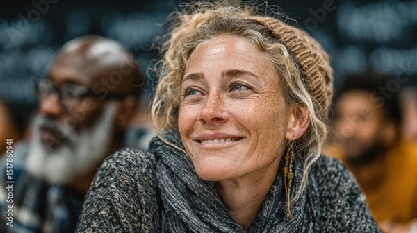 Fototapeta Thoughtful Woman with Freckles and Beanie Attending Event, Looking Upward with Diverse Audience in Background, Candid Portrait