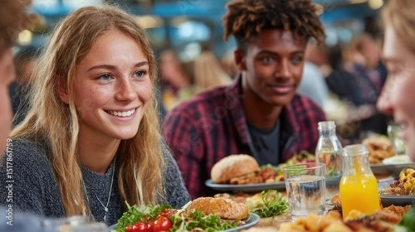 Fototapeta Diverse Group of Young People Enjoying Lunch Together in a Bright Restaurant, Eating Healthy Food and Socializing, Friendship and Togetherness.