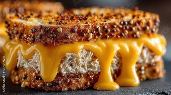 Fototapeta Close-up of a Delicious Melted Cheese and Chicken Sandwich on Seeded Bread, Perfect for Food Photography and Culinary Art