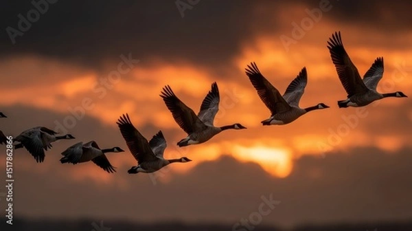 Fototapeta Canada Geese Flying in Formation at Sunset, Majestic Wildlife Migration Against a Dramatic Orange and Cloudy Sky, Avian Beauty