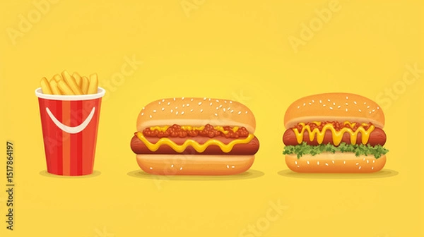 Fototapeta Cheerful and colorful hot dog vector with mustard, designed in a playful cartoon clipart style.

