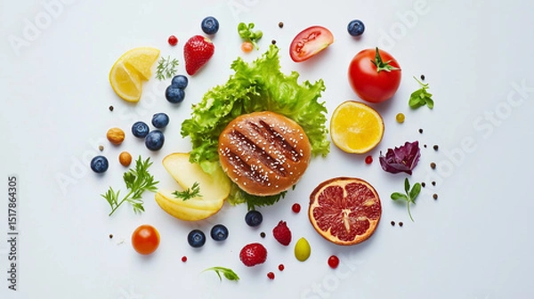 Fototapeta Assorted food items displayed against a plain white backdrop.

