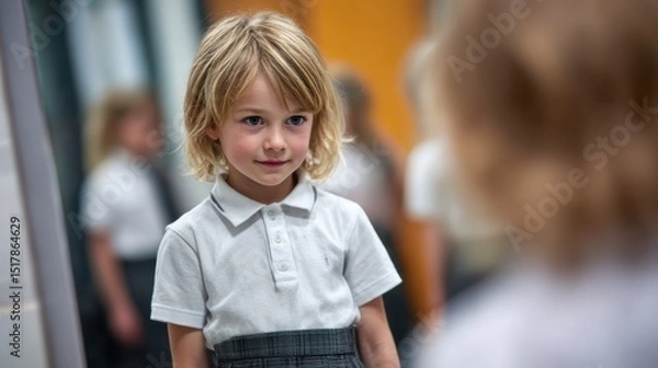 Fototapeta Young Boy in School Uniform Looking at Reflection in Mirror with Contemplative Expression, Back to School Concept