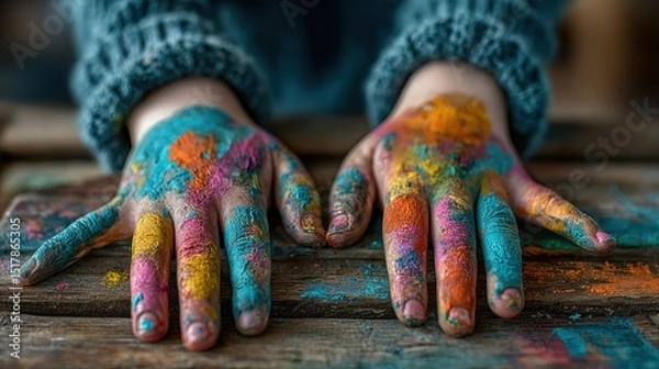 Fototapeta Colorful Hands of a Young Artist: Close-up of Painted Hands on Wooden Surface, Expressing Creativity and Artistic Expression