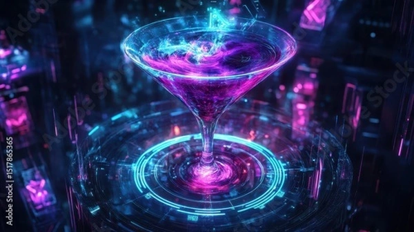 Fototapeta A glowing holographic cocktail glass with a neon galactic swirl above a digital sci-fi table.