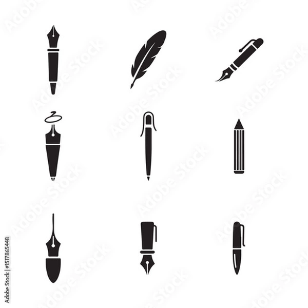 Fototapeta A set of black and white writing utensil icons, showcasing various types of pens and a quill.