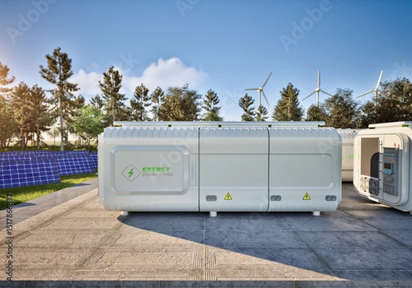 Fototapeta Group of energy storage systems or battery container units