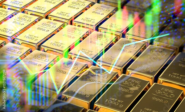Fototapeta Gold price rising concept with business graph on bullion background