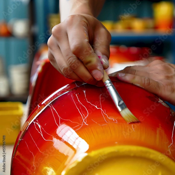 Obraz Close-up of an artisan hand-painting ceramic pots with vibrant colors in a pottery workshop