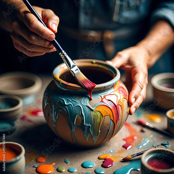 Obraz Close-up of an artisan hand-painting ceramic pots with vibrant colors in a pottery workshop
