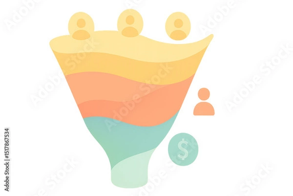 Fototapeta Marketing funnel illustration pastel tones, depicting various stages of customer engagement. design features abstract shapes representing potential customers and financial elements, conveying