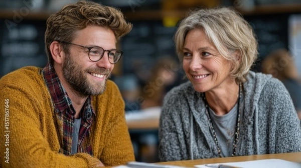 Fototapeta Smiling Mature Woman and Young Man Talking at Table, Happy Conversation, Intergenerational Friendship, Casual Clothing, Indoor Setting, Positive Connection