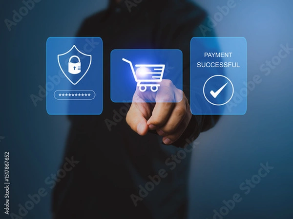 Fototapeta Man selecting products for online shopping with virtual payment confirmation. Secure transaction on the internet. Convenience of shopping. Ecommerce concept.