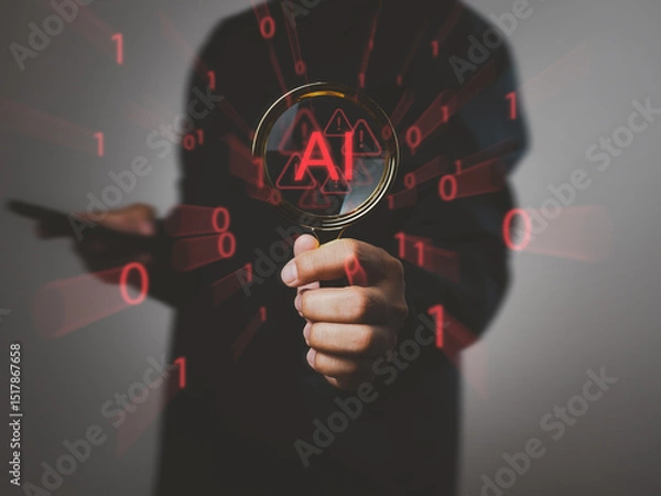 Fototapeta Developer holding magnifying glass shows AI warnings, technology, program bugs, threat alerts, privacy violations, and hacker risks on cybersecurity.