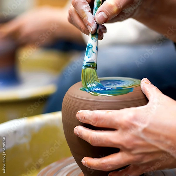 Obraz Close-up of an artisan hand-painting ceramic pots with vibrant colors in a pottery workshop