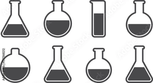 Fototapeta A collection of laboratory glassware including flasks and test tubes filled with a dark liquid on white