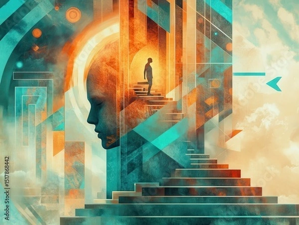 Fototapeta Abstract surreal staircase leading through a giant human head into a glowing dreamlike sky.