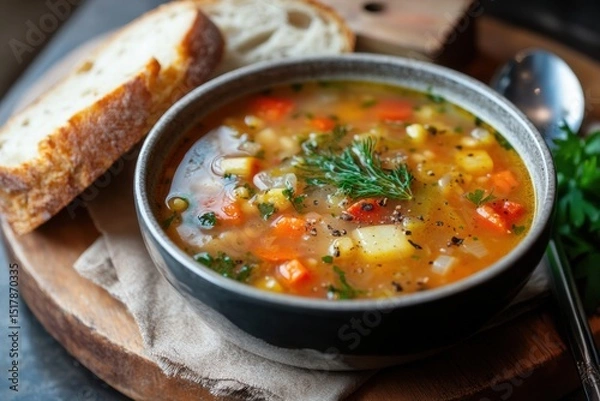 Fototapeta Rustic vegetable soup with toasted bread