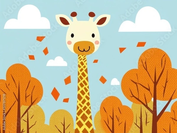 Fototapeta A tall cartoon giraffe stands among orange trees with leaves falling under a bright sky.