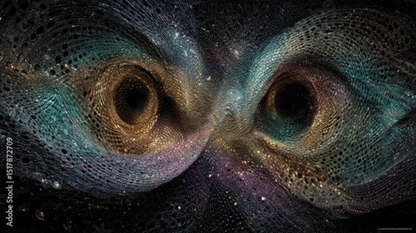 Fototapeta Abstract Digital Art: Intertwined Swirling Vortexes with Cosmic Dust, Luminous Textures, and Dark Background for Science, Technology, and Fantasy Concepts